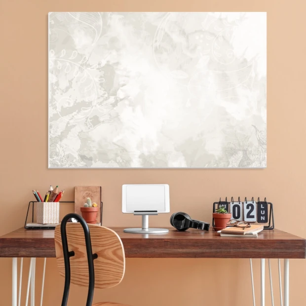 Magnetic whiteboard 079 - Office arrangement with light beige walls and wooden furniture.
