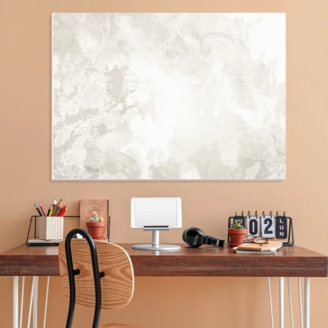 Magnetic whiteboard 079 - Office arrangement with light beige walls and wooden furniture.