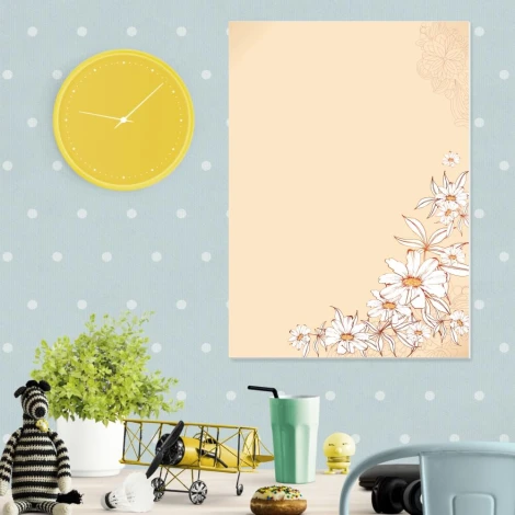 White flower magnetic whiteboard 083 - Office arrangement. Light-colored walls with yellow accents.