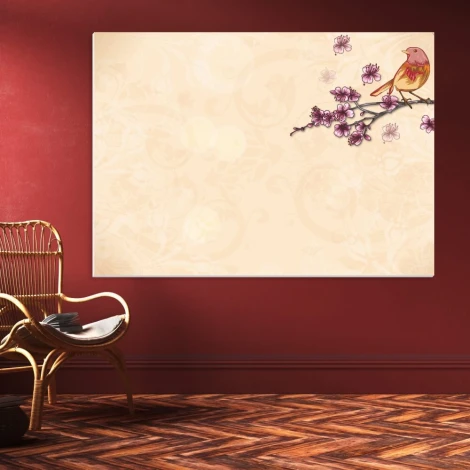 Bonsai tree magnetic whiteboard 086 - Graphic design with a branch and flowers on a light background.