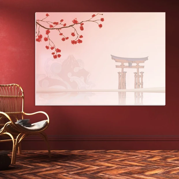 Cherry blossom magnetic whiteboard 087 - Room setup with red walls and wooden accents.