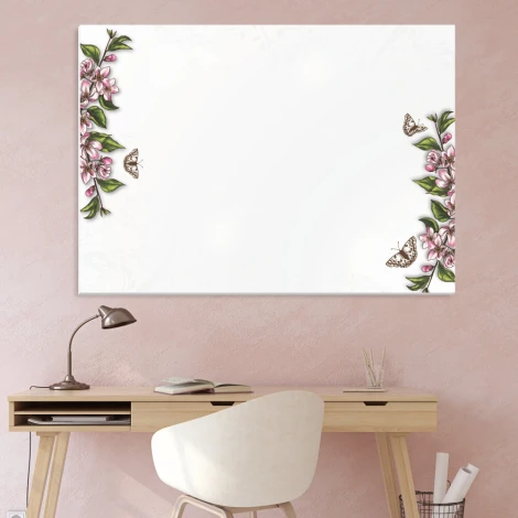 Magnetic whiteboard 084 with a floral design. White background featuring pink flowers and butterflies in the corners.