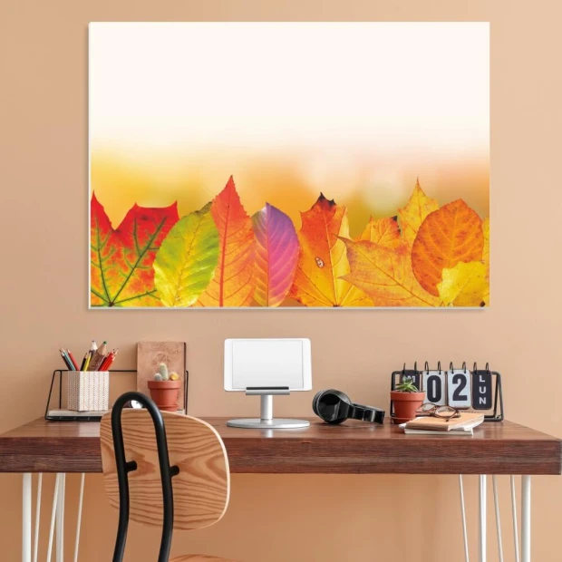 Magnetic dry-erase board with autumn leaves design, ideal for office decor. Beige walls and wooden furniture.