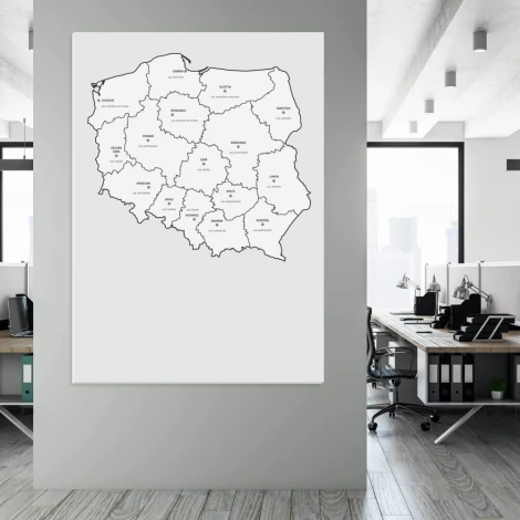 Magnetic dry-erase map of Poland with provinces, ideal for office decor. Bright walls and furniture.