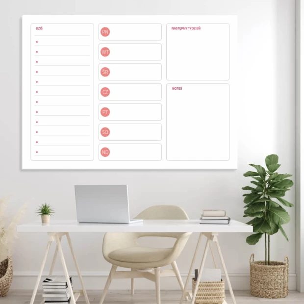 Weekly planner dry-erase board 291 - Office setup with light-colored walls and minimalist furniture.