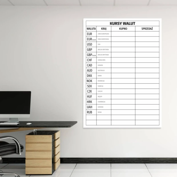 Dry-erase currency exchange board 481 - Office setup with light-colored walls and minimalist furniture.