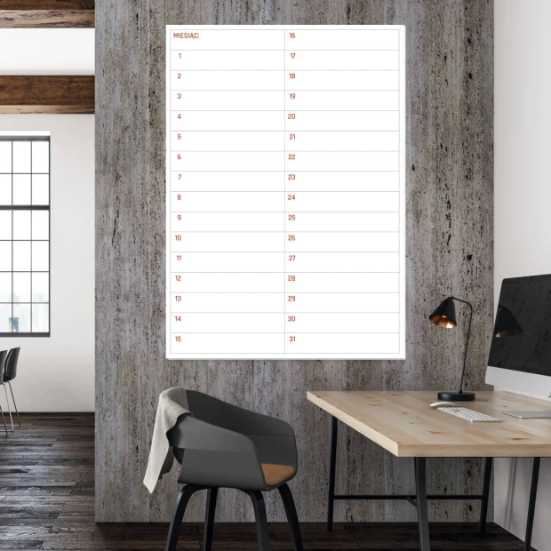 Magnetic monthly planner whiteboard 369 - Office setup with gray walls and wooden accents.