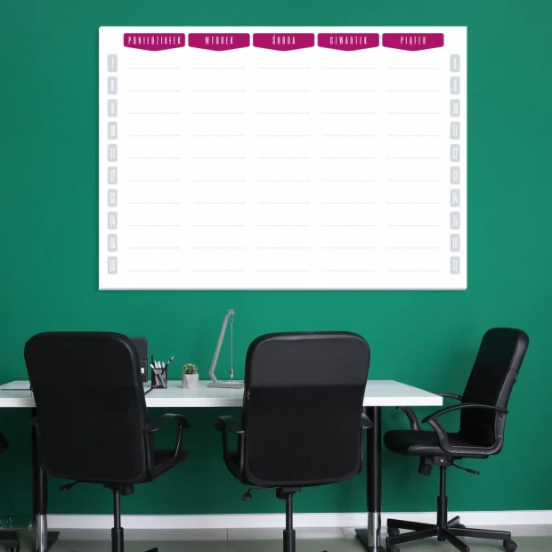 Weekly dry-erase magnetic planner board 264 - Office setup with green walls and simple desks.