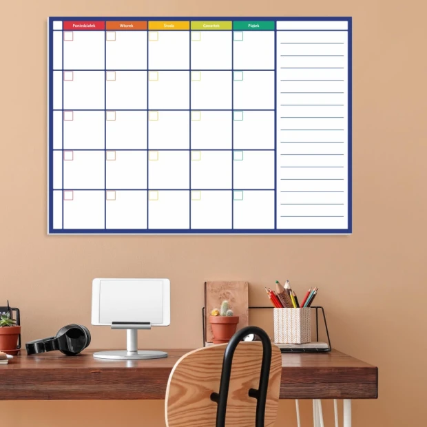 Weekly dry-erase magnetic planner board 269 - Office arrangement. Light brown walls.