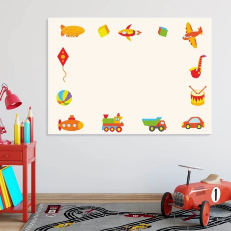 Magnetic dry-erase board for kids, featuring colorful drawings on a white background.