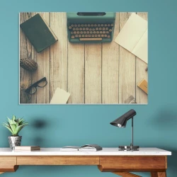 Magnetic whiteboard writing machine 220 - Office setup with blue walls and wooden furniture.