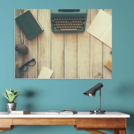 Magnetic whiteboard writing machine 220 - Office setup with blue walls and wooden furniture.