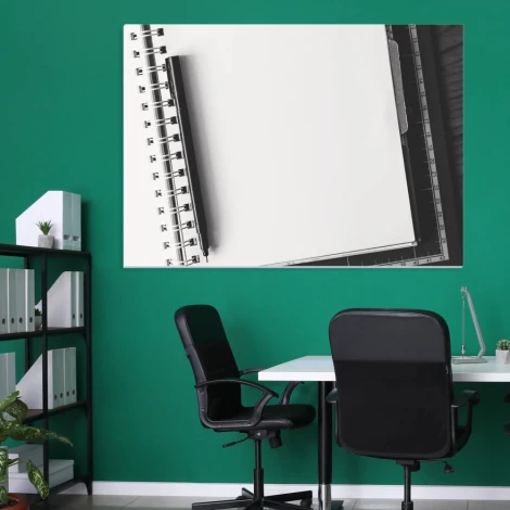 Magnetic whiteboard planner 260 - Office setup with green walls and modern furniture.
