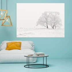 Winter landscape dry-erase magnetic board 229 - Styled in a modern room with blue walls and bright accents.