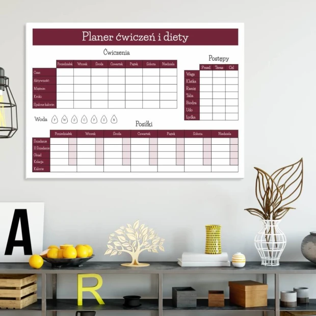 Magnetic dry-erase fitness planner 430 - Styled in a modern interior with light-colored walls, minimalist design.