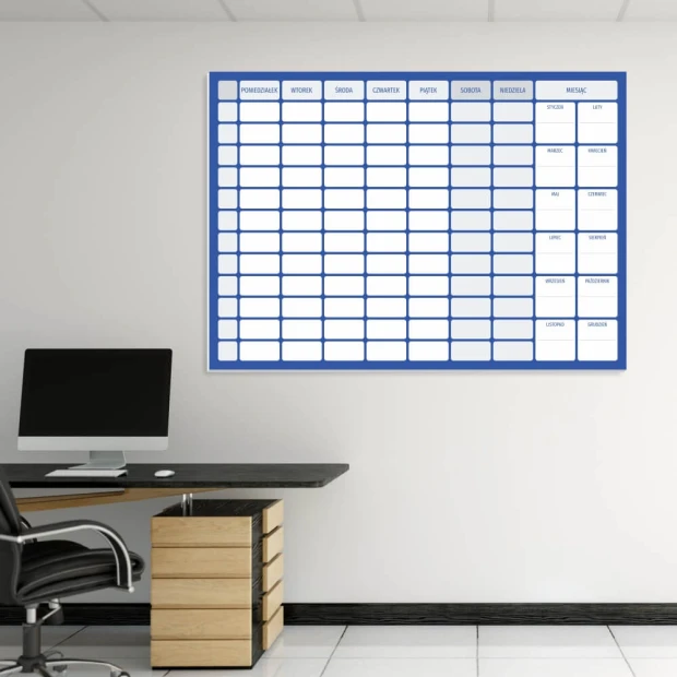 Weekly dry-erase magnetic planner board with annual planner - Ideal for office decor. Light-colored walls.