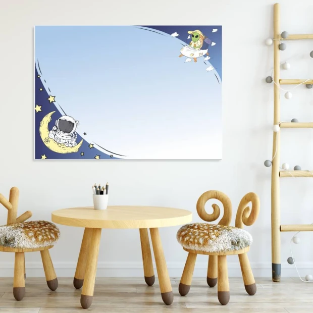 Dry-erase board for kids featuring an astronaut and alien, perfect for a colorful children\'s room with bright walls and furniture.