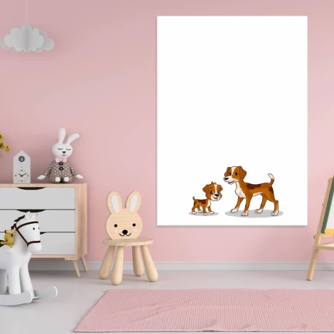 Dry-erase board for kids featuring dogs - Ideal for a child\'s room with pink walls and light furniture.