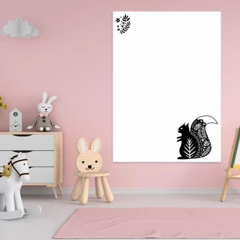 Dry-erase board for kids featuring a squirrel design, perfect for a pastel pink nursery with light furniture.