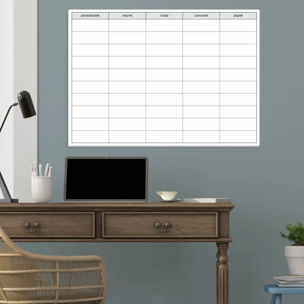 Magnetic whiteboard 037 weekly planner - Office setup with blue walls and wooden furniture.