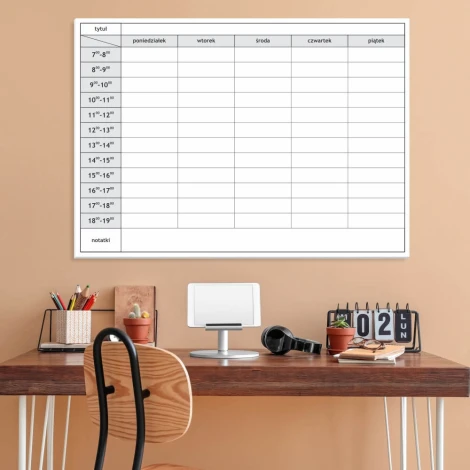 Magnetic dry-erase board 039 weekly planner - Office setup with light brown walls and wooden furniture.