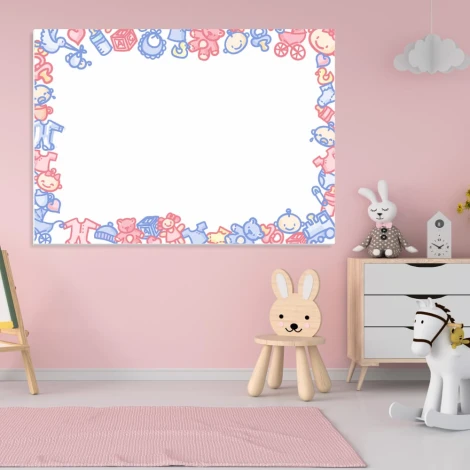 Magnetic dry-erase board for kids 002 - Decor in a children\'s room with pink walls and light furniture.