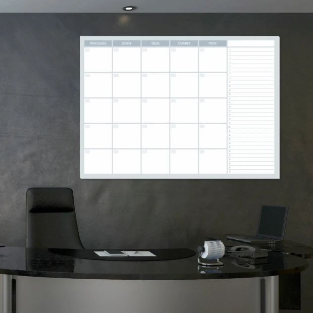 Weekly planner whiteboard 511 - Office setup with dark walls and minimalist furniture.