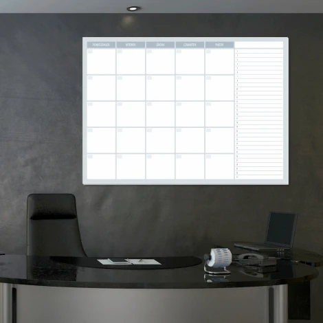 Weekly planner whiteboard 511 - Office setup with dark walls and minimalist furniture.