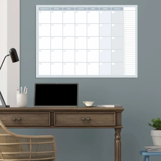 Weekly planner whiteboard 512 - Office setup with gray walls and natural wood furniture.