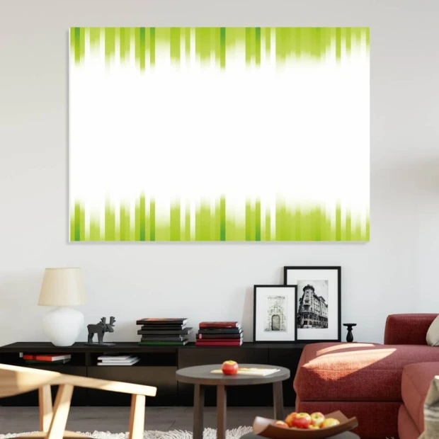 Green striped magnetic whiteboard 092 - Living room arrangement with light-colored walls and furniture in soft shades.