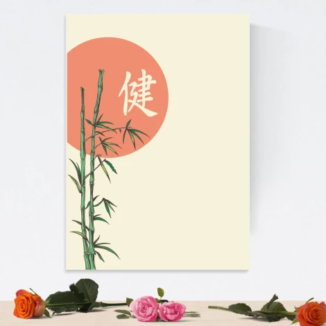Magnetic dry-erase bamboo board 089 - Graphic design featuring bamboo on a round red background.