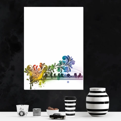 Magnetic whiteboard 100 - Graphic design featuring colorful birds on a branch with ornaments.