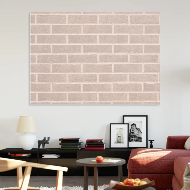 Magnetic whiteboard with a brick design, ideal for bright living room walls and brown furniture accents.
