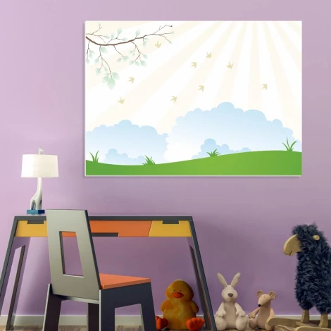 Magnetic dry-erase board for kids, branch design - ideal for a purple-themed children\'s room with matching furniture.