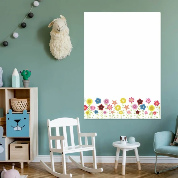 Magnetic dry-erase board for kids with flower design, perfect for a green-themed children\'s room.