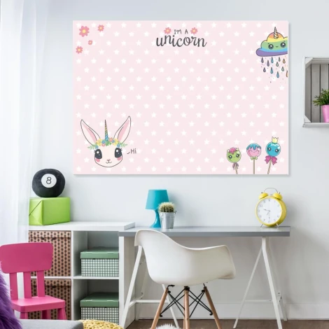 Dry-erase magnetic board for kids, unicorn design. Pink background with white stars and characters.