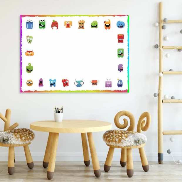 Magnetic dry-erase board for kids with cheerful monsters design on a white background featuring colorful elements.