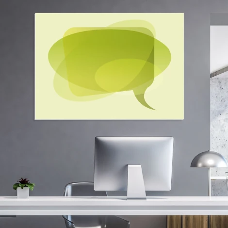 Dry-erase magnetic board with a graphic design. Green, transparent shapes resembling smoke on a light background.