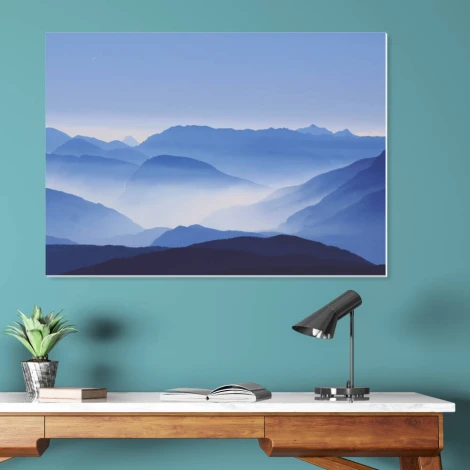 Magnetic whiteboard mountains 218 - Office setup with blue walls and wooden furniture.