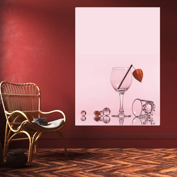Magnetic dry-erase board with glass composition, styled in a room with red walls and wooden accents.