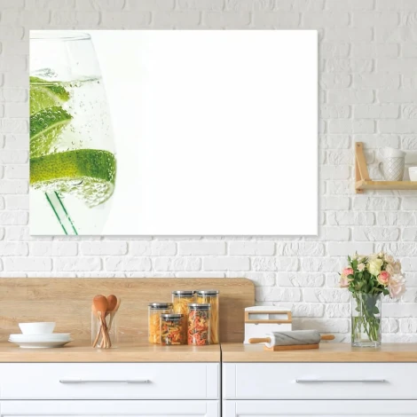 Lime green dry-erase magnetic board - Kitchen setup with white walls and light wooden furniture.