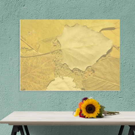 Dry-erase magnetic board with leaf design, ideal for office decor. Green walls and light-colored table.