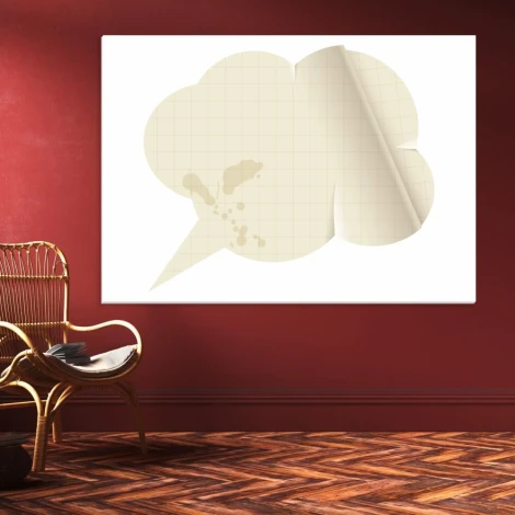 Magnetic whiteboard with paper speech bubble 146 - Styled in a room with red walls and wooden flooring.