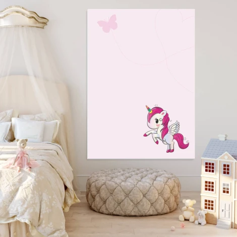 Unicorn dry-erase magnetic board for kids, styled in a bright children\'s room with light-colored walls.