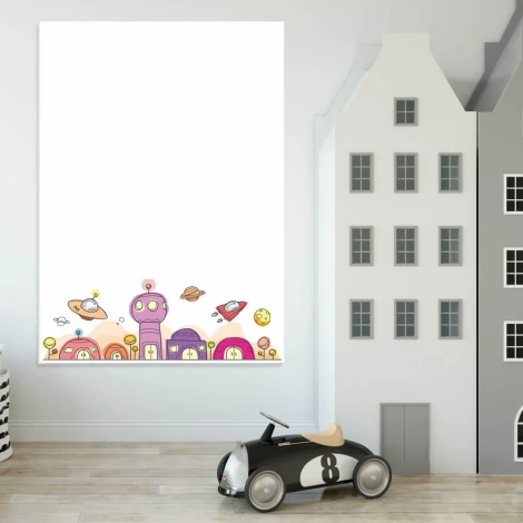 Magnetic dry-erase board for kids featuring a space adventure design with colorful buildings.