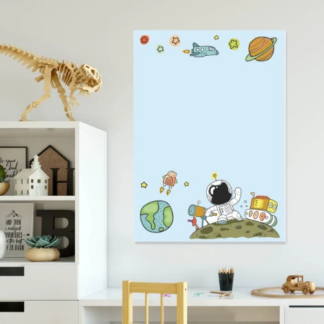 Magnetic dry-erase board for kids, space theme 307 - Features illustrations on a blue background.