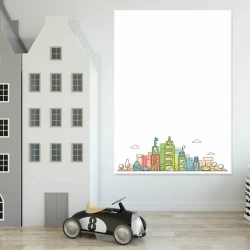 Magnetic dry-erase board for kids, city design - styled in a bright children\'s room with colorful walls and furniture.