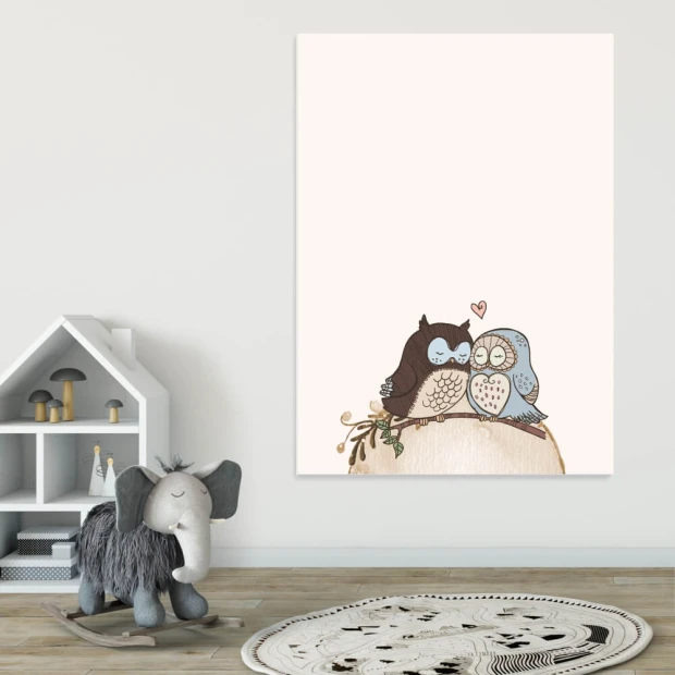 Magnetic dry-erase board for kids featuring owls, perfect for a bright children\'s room with colorful walls and furniture.