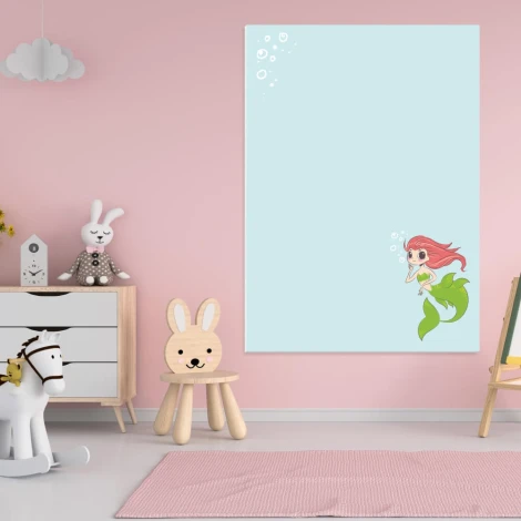 Magnetic dry-erase mermaid board for kids - Decorated in a pink-themed children\'s room with matching furniture.