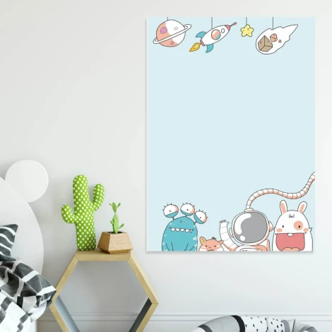 Magnetic dry-erase board for kids UFO 306 - Features planet and rocket illustrations on a light background.